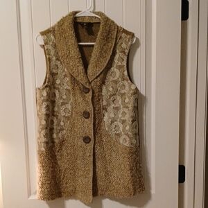 Multiples Tan Textured Vest with Floral Pattern